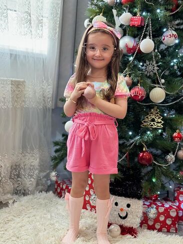 Arshiner Toddler Girl Clothes Square Neck Puff Sleeve Tops + Paper Bag Shorts + Headband 3pcs Summer Little Girl Outfits 2-8Y in Saudi Arabia