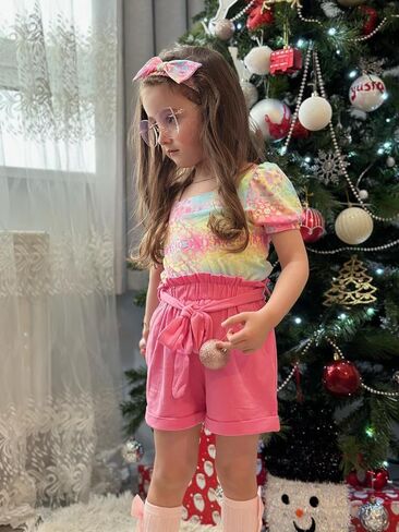 Arshiner Toddler Girl Clothes Square Neck Puff Sleeve Tops + Paper Bag Shorts + Headband 3pcs Summer Little Girl Outfits 2-8Y in Saudi Arabia