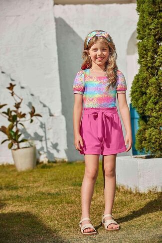 Arshiner Toddler Girl Clothes Square Neck Puff Sleeve Tops + Paper Bag Shorts + Headband 3pcs Summer Little Girl Outfits 2-8Y in Saudi Arabia