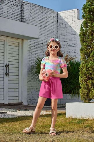 Arshiner Toddler Girl Clothes Square Neck Puff Sleeve Tops + Paper Bag Shorts + Headband 3pcs Summer Little Girl Outfits 2-8Y in Saudi Arabia
