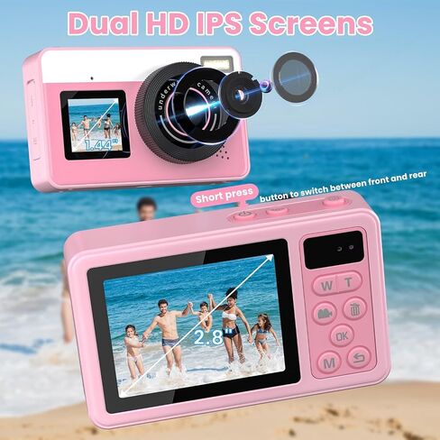 4K Digital Camera Waterproof, Point and Shoot Cameras for Photography, 10FT Underwater Camera with Dual Screens,18X Digital Zoom, 32GB TF Card, Selfie Cameras for Teens Beginners Girls Boys Kids(Pink) in Saudi Arabia