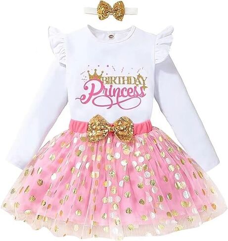 Toddler Kids Baby Girls Birthday Princess Outfits Ruffle Shirt Polka Dots Mesh Dress Tulle Tutu Skirt Set 3PCS in Saudi Arabia