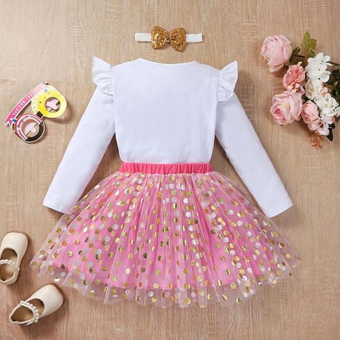 Toddler Kids Baby Girls Birthday Princess Outfits Ruffle Shirt Polka Dots Mesh Dress Tulle Tutu Skirt Set 3PCS in Saudi Arabia