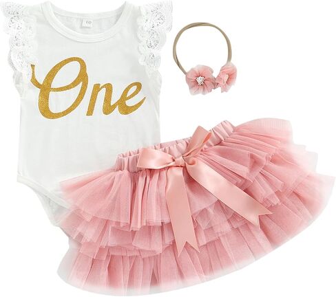 Baby Girls My 1st Birthday Outfits One Fly Sleeve Floral Lace Romper + Tutu Skirt + Headband Set Cake Smash Outfit in Saudi Arabia