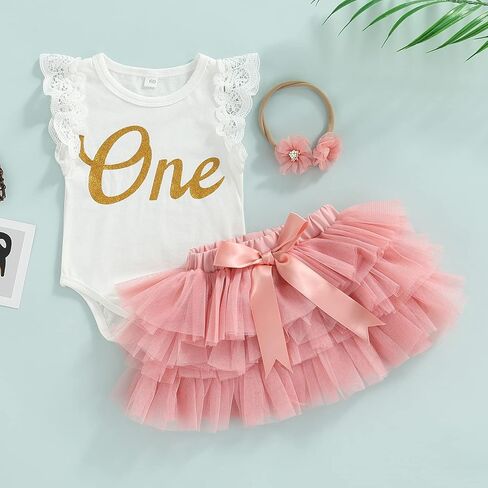 Baby Girls My 1st Birthday Outfits One Fly Sleeve Floral Lace Romper + Tutu Skirt + Headband Set Cake Smash Outfit in Saudi Arabia