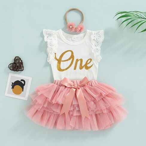 Baby Girls My 1st Birthday Outfits One Fly Sleeve Floral Lace Romper + Tutu Skirt + Headband Set Cake Smash Outfit in Saudi Arabia