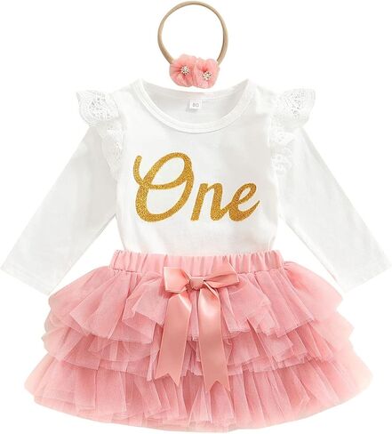 Baby Girls My 1st Birthday Outfits One Fly Sleeve Floral Lace Romper + Tutu Skirt + Headband Set Cake Smash Outfit in Saudi Arabia