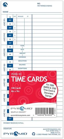 Pyramid Time Systems - 30% Recycled Time Cards (35100-10) for Pyramid Models 3500, 3500ss, 3600SS, and 3700 Time Clock and Document Stamp, Single Sided Time Sheets (4 X 9 Inches) - 300 Time Cards in Saudi Arabia