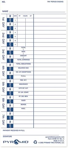 Pyramid Time Systems - 30% Recycled Time Cards (35100-10) for Pyramid Models 3500, 3500ss, 3600SS, and 3700 Time Clock and Document Stamp, Single Sided Time Sheets (4 X 9 Inches) - 300 Time Cards in Saudi Arabia