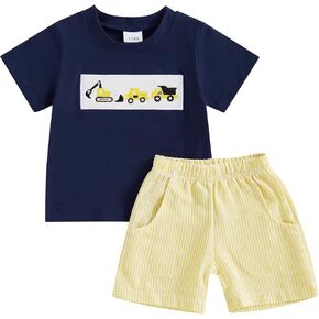 Toddler Baby Boy Summer Outfits Excavator Embroidery Short Sleeve T-Shirt Top Seersucker Stripe Shorts Set
