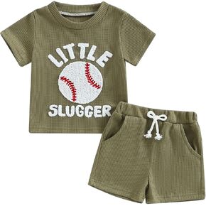 Baby Boy Baseball Outfit Letter Embroidered Short Sleeve T-Shirt Tops Shorts Set Waffle Knit Summer Clothes