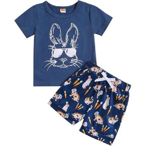 Noubeau Baby Boys Easter Outfits Cute Bunny Graphic Print T-Shirt Short Sleeve Tops Rabbit Shorts Summer Clothes