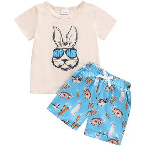 Noubeau Baby Boys Easter Teaster Cute Bunny Graphic Print T-Shirt Shirt Sleeve Tops Rabbit Shorts Summer Silver in Kuwait