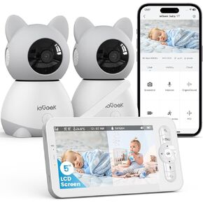 ieGeek Split-Screen Baby Monitor with 2 Camera and Audio-Two 2K Video Monitor with 5" Screen -Night Vision,Two-Way Talk,Cry&Motion Detection,Temper&Humidity Sensor,Remote Control via Screen and APP