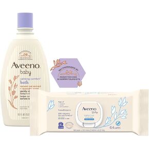 Aveeno Baby Calming Comfort Bath with Relaxing Lavender & Vanilla Scents, Hypoallergenic, 18 Fl Oz (Pack of 1) with Sensitive All Over Wipes, 64 ct (Pack of 3)