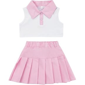 2PCS Toddler Skirt Sets Baby Girls Lapel Sleeveless Button Vest Shirt + Solid Pleated A-line Dress Clothes