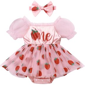 FYMNSI Baby Girl 1st Birthday Outfit Floral Strawberry Ruffle Romper Tutu Dress Headband Two Piece Toddler Summer Clothes in Saudi Arabia