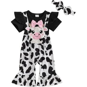 Baby Girl Summer Outfit Cartoon Animals Cow Short Sleeve One-Piece Romper Jumpsuit Headband Set Newborn Clothes in Kuwait