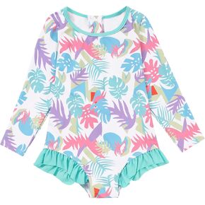 Valcatch Girl Swimsuit for Toddler Baby Girls UPF 50+ Long Sleeve Rash Guard One-Piece Swimwear with Zip Floral Bathing Suit