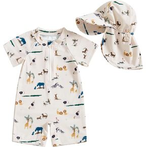 Infant Baby Boy Girls One Piece Swimsuit Short Sleeve Zipper Rash Guard Swimwear Toddler Bathing Suits Beachwear (Khaki, 12-18 Months)