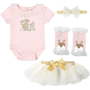 Baby Essentials Infant Girls 4 Piece Easter Bunny Bodysuit ، تنورة توتو ، تدفئة الساق ، وقوس شعر عقال