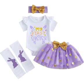 Kuriozud Baby Girl Easter Dress Outfits Bunny Romper Bodysuit+Tutu Skirt Headband Set Newborn First Easter Clothes