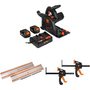 WEN 20V Max 6.5-Inch Cordless Brushless Plunge Cut Variable Speed Track Saw with Two 4.0 Ah Batteries, Charger, 110-Inch Track Saw Guide Rail, and Clamps
