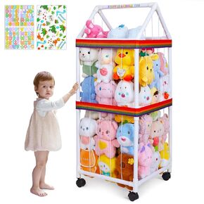 FIOBEE Stuffed Animals Storage Zoo with Wheels 360 Degree Movable Plushies Toy Storage Organizer Large Stuffed Animal Holder Cage with DIY Stickers for Nursery Play Room Kids Room Organization, White