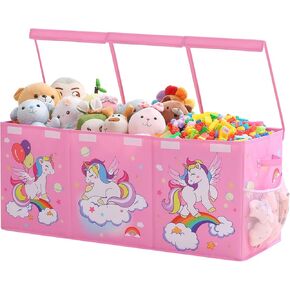 Extra Large Toy Box with Transparent Lid, Collapsible Toy Chest for Girls with Three Independent Storage Spaces for Bedroom Closet Playroom, 39.4''×15.7''×13.8''