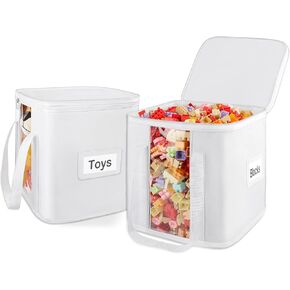 2PCS Toy Cube Storage Bin: Kids Building Blocks Organizer with Zipper Lid & Handles, Clear Car Toy Container Bag for Cubby Shelves, White Small Stuffed Animals Basket for Living Room, Closet, Playroom