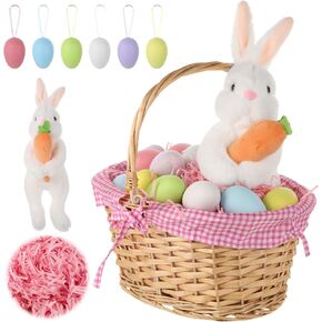 CIEOVO Easter Bunny Gift Basket Set, Wicker Basket with Liner Gingham Plush Bunny Rabbit Eggs Raffia Paper Grass Gifts for Egg Hunt Easter Party Decoration