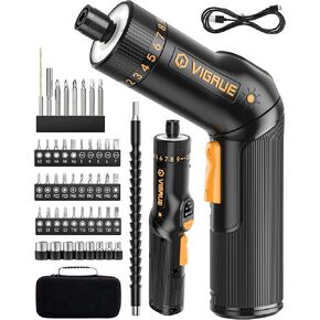 VIGRUE Cordless Screwdriver Set, Rechargeable 8V Electric Screwdriver with 47 Accessories, 320RPM/10+1 Torque Setting, 2 Position Handle with LED Light, Battery Indicator