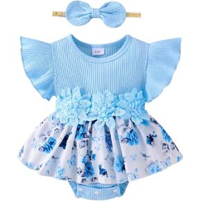 Baby Girl Clothes Summer Outfit Romper Skirt Ruffle Sleeve Cute Bow Headband Infant Bodysuit Set 0-18 Months