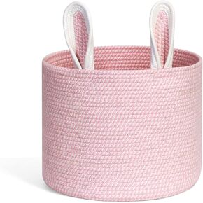 Cotton Rope Basket 15"x15"x18" Large Storage Basket Bin Foldable Laundry Basket Clothes Hamper with Handle Cute Bunny Ears Organizer Woven Storage Baskets for Living Room, 52L, Pink