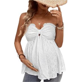 MakeMeChic Women's Maternity Tops Eyelet Embroidery Frill Trim Ruched Cut Out Sleeveless Pregnancy Tube Top