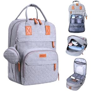 Spacious Diaper Backpack – Stylish and functional baby diaper bag for moms and dads – multi-function waterproof bag with insulated pockets, portable changing pad, stroller straps (Grey)