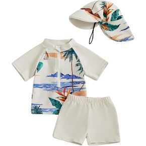 Baby Boy Swimsuit Set Toddler Rash Guard Swimwear Short Sleeve Swim Shirt Trunks with Sunhat 3Pcs Beachwear