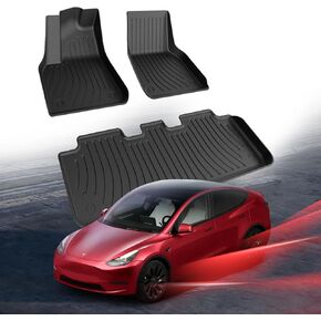 Car Floor Mats for Tesla Model Y 2021 2022 2023 2024 2025, All Weather Protection TPE Car Mats Custom Car Liners Accessories, Front & 2nd Row Floor Liners Set, Black