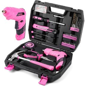 DOWELL 116Pcs Pink Tool Kit with 3.6V USB Cordless Screwdriver, Small Drill Set for Women, Girls