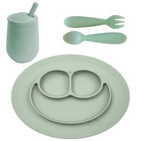 ezpz 12m+ Toddler Feeding Set - Mini Mat Utensils Cup - Sage