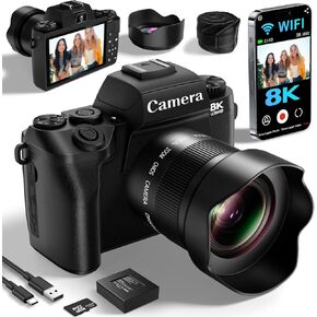 Saneen Digital Camera, 8K Cameras for Photography & Video with 4' Touch Screen with Flash, 32GB Card, 3000mAH Battery, Front & Rear Vlog Cameras-Black