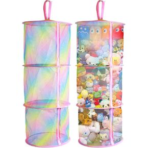 2 Pcs Stuffed Animal Storage Hammock or Net - Large Hanging Toy Organizer Holder with Zipper for Kids Room Decor, Nursery, and Bedroom, Tube Design for Plush Toys and Stuffed Animals Rainbow, 3 Tiers