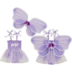 Fairy 1st Birthday Girl Outfit Tie-up Tull Romper Dress with Butterfly Wings Cake Smash Photo Shoot Clothes (Purple, 6-12 Months)