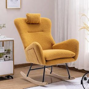 كراسي زجاجية ، كرسي هزاز مع مساند ومساند للأذرع المنحنية ، 33.1 '' Teddy Fabric Rocker Rocker مع جيب التخزين الجانبي وقاعدة الخشب الصلبة لغرفة المعيشة ، الأخضر والأخضر الداكن
