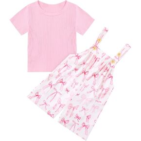 Toddler Baby Girl Summer Outfit Short Sleeve Ribbed Tops + Flower Suspender Overalls Shorts Set Kids Cute Clothes