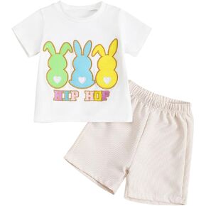 Toddler Baby Boy Girl Easter Outfit Bunny Print Short Sleeve T-Shirt Top Solid Short Set 2Pcs Summer Clothes