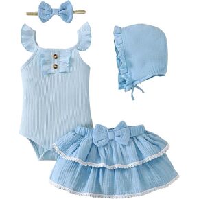 SUNNY PIGGY Baby Girl Outfit Newborn Clothes Short Set Infant Girl's Summer Cute Rufffle Sleeveless Romper 4PCS