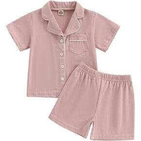 Balaflyie Toddler Baby Pajama Set Boy Girl Button Down Sleepwear Short Sleeve Shirt&Shorts Cotton Jammies Kids Lounge Sets