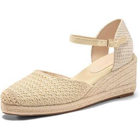 Coutgo Womens Platform Wedge Sandals Espadrilles Raffia Closed Toe Heels Ankle Buckle Strap Summer Beach Shoes