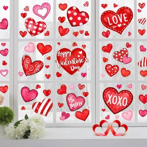 Valentine's Day Window Clings Love Hearts, 76 Pcs Pink Red Heart Large Window Stickers, Happy Valentines Watercolor Double-Sided Glass Decals Decor for Wedding Anniversary Home Party Decorations